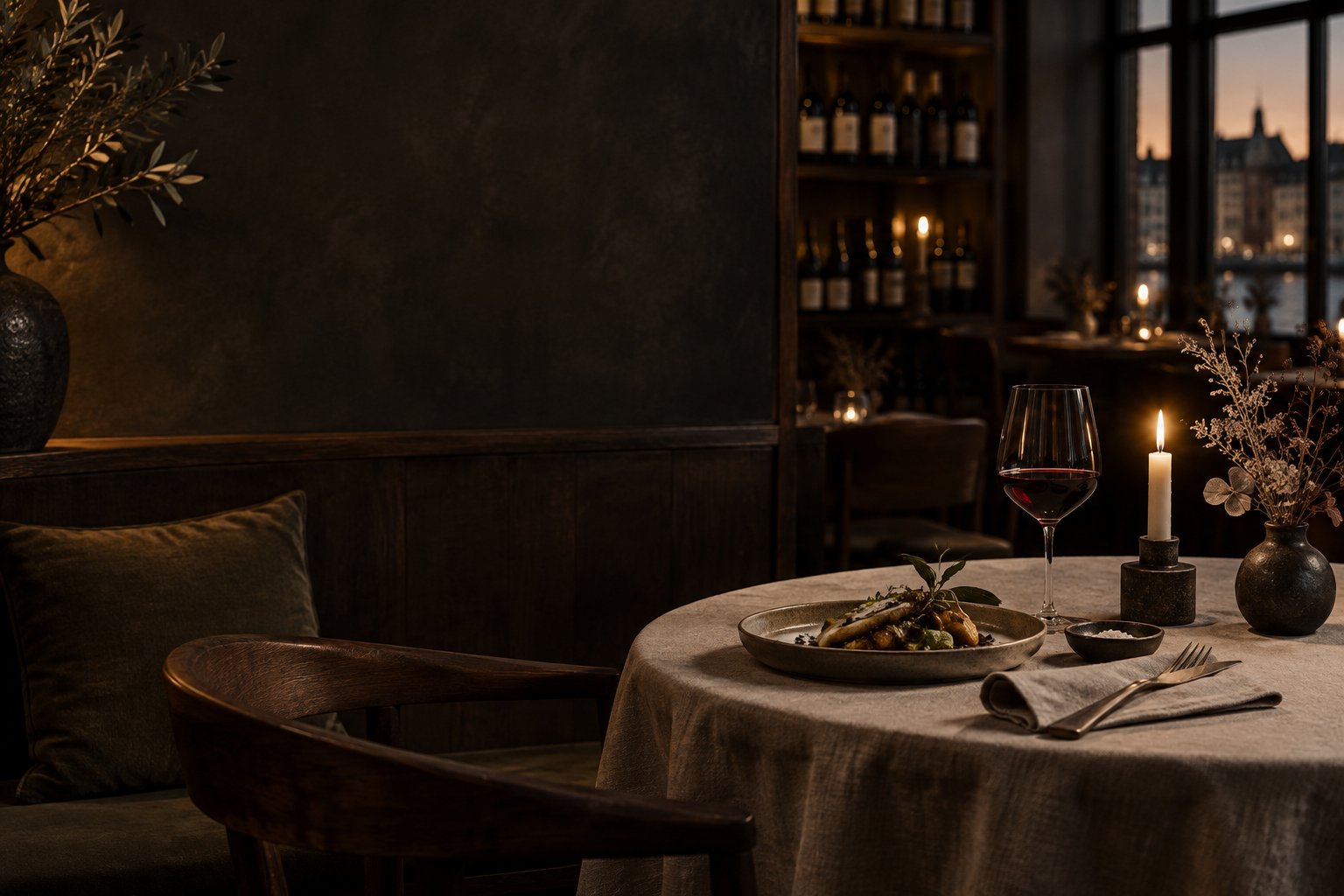 Candlelit restaurant dining room